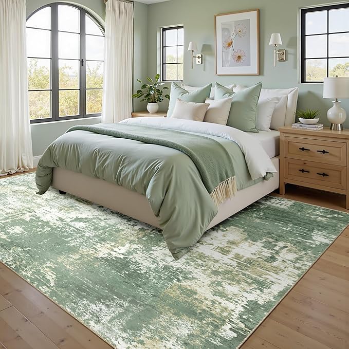 Washable Area Rugs 9'x12' Non-Slip Modern Abstract Soft for Living Room Entryway Bedroom Nursery, Print Pattern, Light Green/Yellow