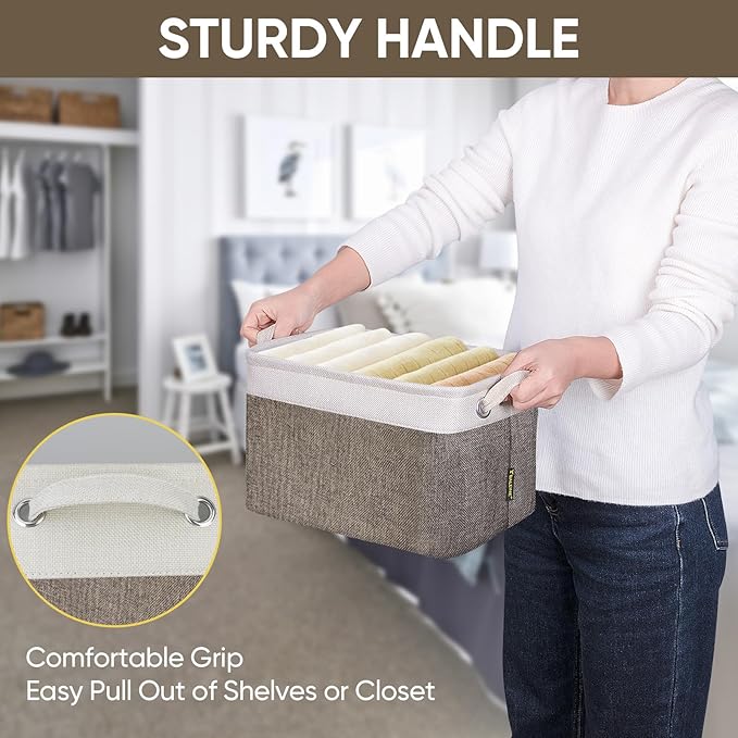 BALEINE 3 Pack Fabric Storage Bins for Shelves, Linen Storage Baskets for Organizing, Decorative Closet Bins for Clothes, Home (Brown, 12"x8"x8")