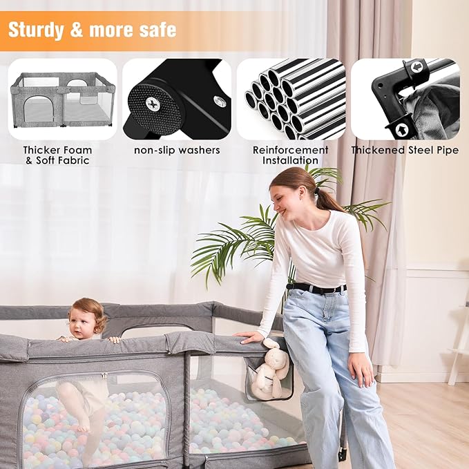 Foldable Baby Playpen with Gate, Extra Large Collapsible Play Yard for Babies & Toddlers, Portable Travel Play Pen with Fence, Safe Activity Center for Indoor & Outdoor Use (51"×51" Grey)