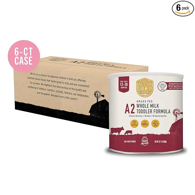 Serenity Kids 12+ Months Toddler Formula with Grass-Fed A2 Milk Powder - Organic Powdered Milk - Easy to Digest & Prebiotic Boost - DHA & ARA Support - 12.7 Oz, 6 Pack