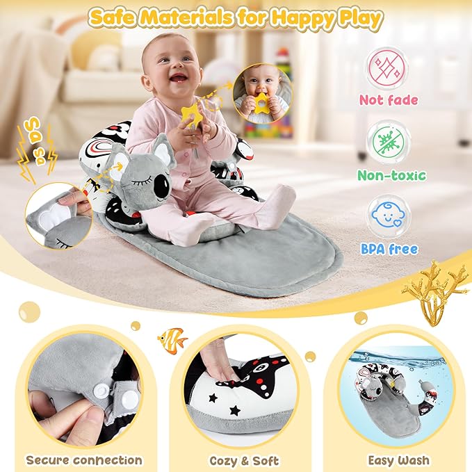 URMYWO Tummy Time Mat - 4 in 1 Cozy Tummy Time & Seated Support Pillow, Tummy Time Pillow for Newborn 0-12 Months, Infant Baby Sit Me Up Floor Seat Early Sensory Development Gifts Tummy Time Play Toys