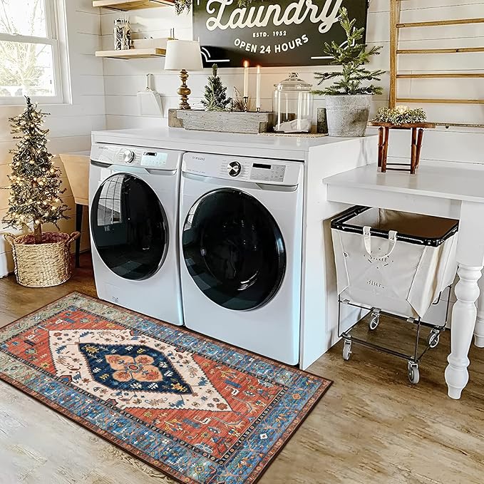 Lahome Boho Runner Rugs for Hallway - 2x4 Bathroom Area Rugs Non-Slip Small Throw Kitchen Rug Low-Pile Rugs for Entryway Laundry Room Rug Oriental Distressed Indoor Carpert Runner for Entrance BathRug