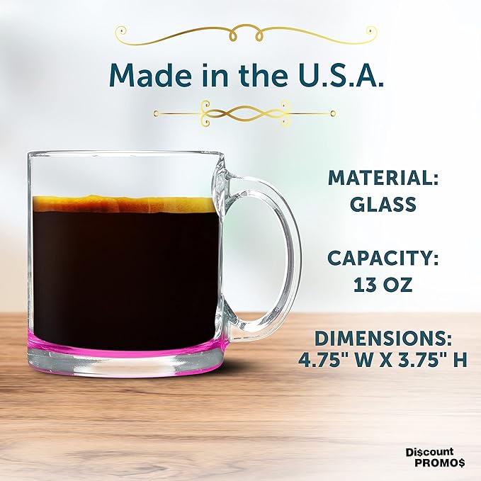 Libbey Clear Glass Coffee Mugs 13 oz. Set of 10, Bulk Pack - Perfect for Coffee, Tea, Espresso, Hot Cocoa, Other Beverages - Pink Bottom