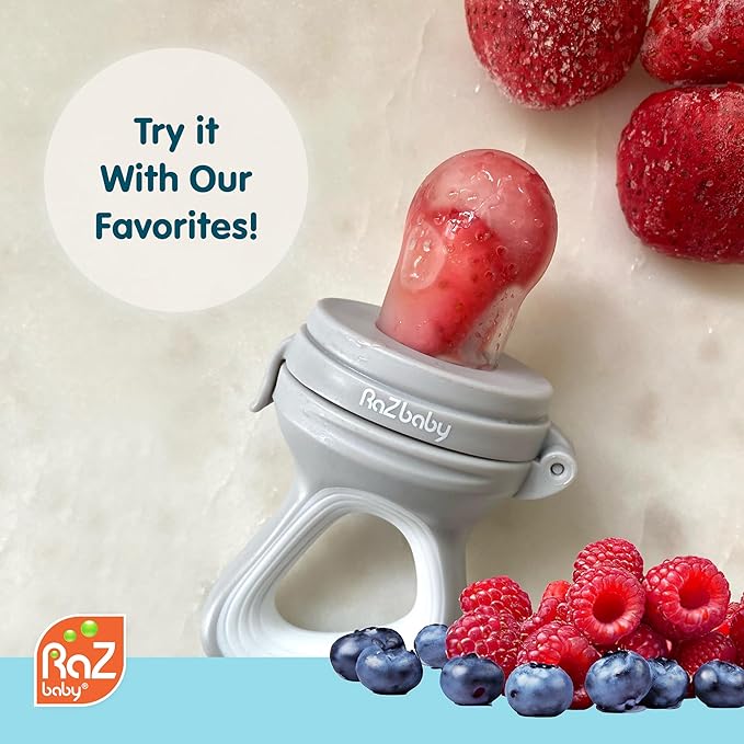 RaZbaby Baby Solids/Frozen Fruit Feeder Pacifier, Infant Teether Toy 6M+, BPA-Free Silicone Pouch & Nipple, Safely Introduce Solids, Natural Teething Relief, Dishwasher Safe, Freezable – Blue/Green