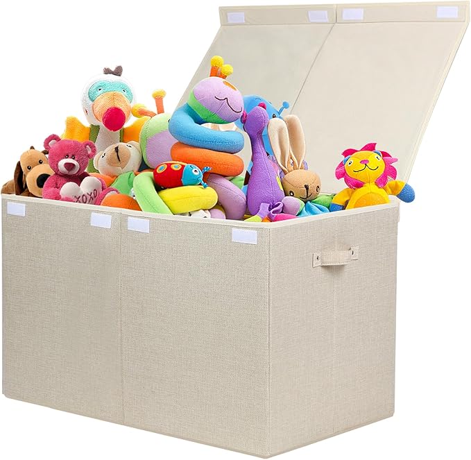 popoly 122L Large Toy Box Chest with Lid, Foldable Toy Storage Organizer Bin Boxes with Removable Divider for Kids, Boys, Girls, Nursery, Playroom, 26"x17" x17" (Linen Beige)