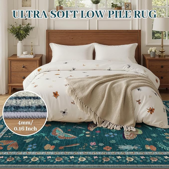 5x7 Washable Area Rug with Insect Print - Bug Rug Non-Shedding Stain Resistant Soft Carpet for Bedroom, Low Pile Ultra-Thin Machine Washable Carpet for Dining Room, Kids Nursery, Office (5'x7' Teal)