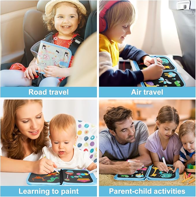 Erasable Doodle Set for Kids - Reusable Magic Drawing Book with 12 Watercolor Pens 14 Page Drawing, Road Trip Car Game Writing Painting Set for Boys and Girls (Dolphin)