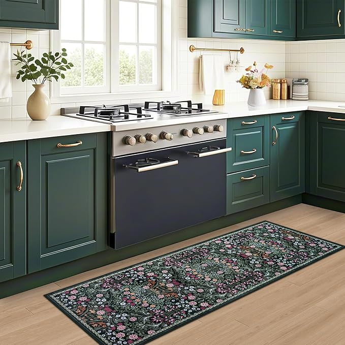 Runner Rug for Entryway: 2x6 Kitchen Rugs Non Slip Washable Ultra-Thin Soft Floral Carpet Indoor Floor Stain Resistant Carpets for Hallway Bedroom Kitchen Laundry Bathroom Dorm Dark Green