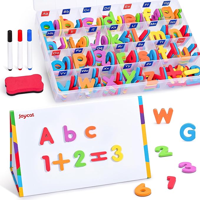 JoyCat Classroom Magnetic Letters Kit 248 Pcs with Double-Side 3D Foldable Magnetic Board - Foam Alphabet Letters&Numbers for Kids Spelling and Learning, Letter Board Tabletop Easel