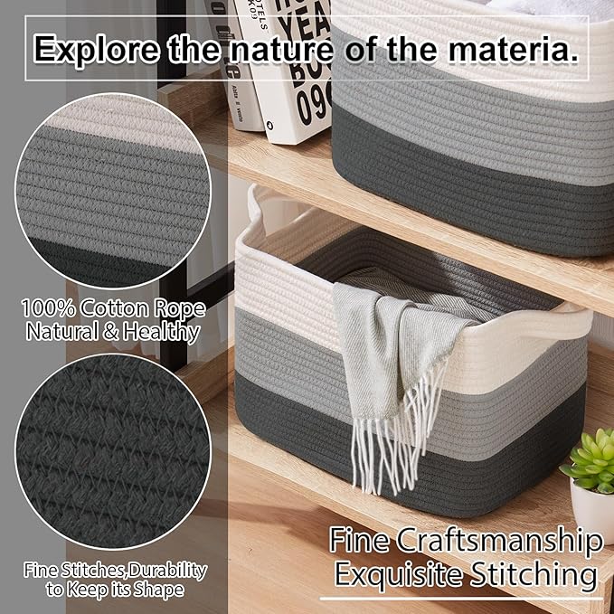 OIAHOMY Storage Basket, Woven Baskets for Storage, Cotton Rope Basket for toys,Towel Baskets for Bathroom - Pack of 3, Gradient Dark Gray