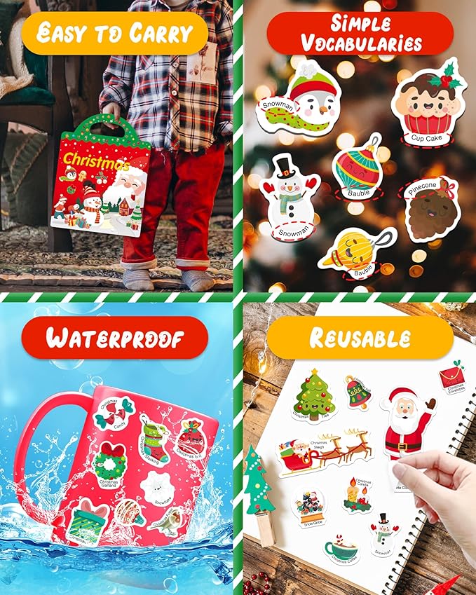 Benresive Reusable Sticker Book for Toddlers 2-4 Years, Fun Travel Stickers for Kids, Waterproof Sticker Books for Toddlers 1-3, Crafts Activities for Todddlers 1-3 2-4 3-5 - Christmas