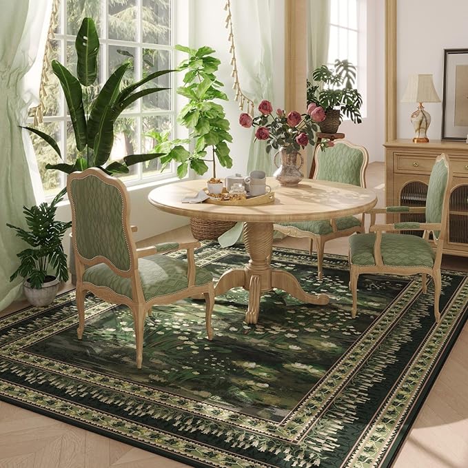 5x7 Area Rugs Impressionist-Style Vintage Washable Area Rug Non Slip Low Pile Large Rugs for Living Room Bedroom Farmhouse Dining Room Kids Playroom, Green