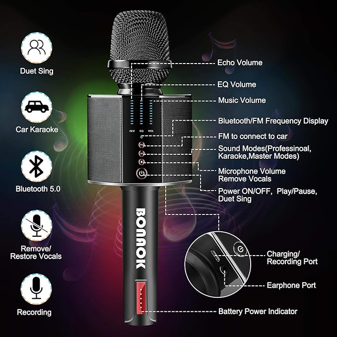 BONAOK Karaoke Microphone, Portable Wireless Bluetooth Karaoke Mic for Adults&Kids Car Home Outdoor Party, Karaoke Machine for PC/All Smartphone G50 Black 2025