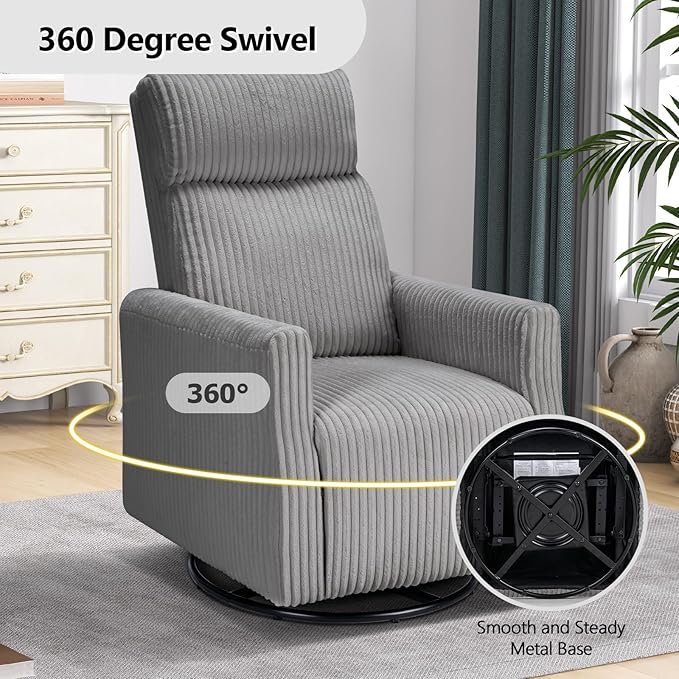 CANMOV Swivel Rocker Chair for Nursery, Swivel Accent Chair with High Back and Arms, Corduroy Glider Chair for Living Room Bedroom Nursery, Grey