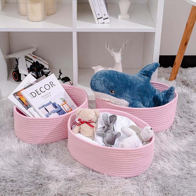 Cute Baskets for Shelf Storage Small Woven Basket to Store and Organize Daily Items/Durable Rope Basket for Living Room, Bedroom,Playroom/Oval-13x8.66x5.11’’,Stylish 3 Packs Pink