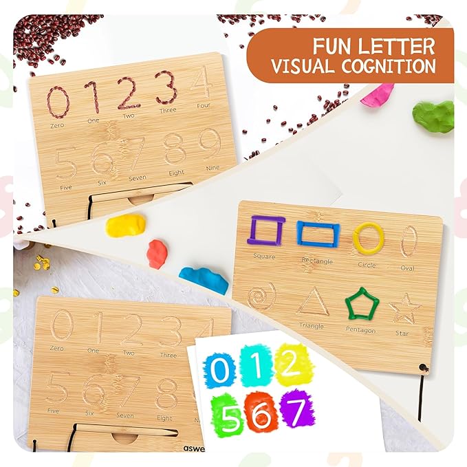 Asweets Montessori Wooden Number Practicing Board, Double-Sided Tracing Board and Shape RecognitionTool to Writing 123 Educational Toy Game for Preschool 3 4 5 Years Old Gifts