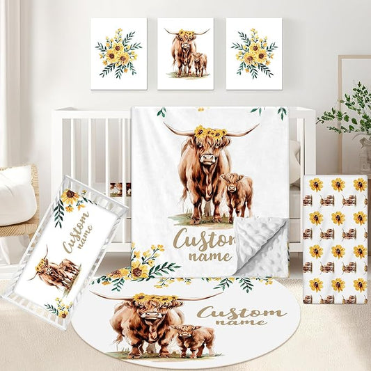 Personalized Baby Crib Bedding Set, 5 Pcs Custom Name Bedding Set, Double Layer Nursery Bedding Set for Boy Girl, Highland Cow Baby Crib Set, Gift for Toddlers Infants New Parents