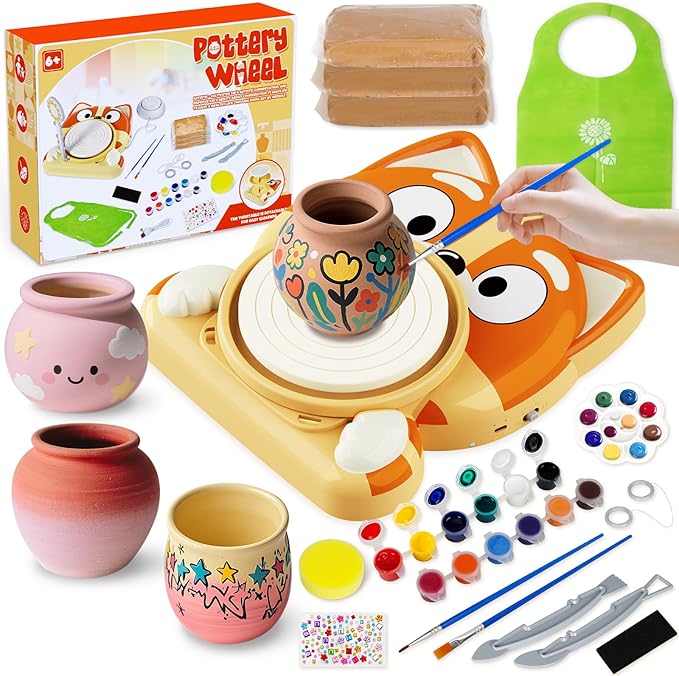 Pottery Wheel for Kids - Complete Pottery Tools Kit for Beginners, Arts and Crafts for Kids Ages 8-12 with 3 Pack Air Dry Clay, Mini Clay Making Pottery Wheel with Foot Pedal (Dog, Patented)