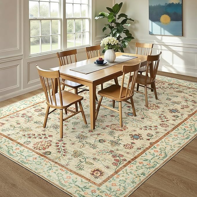 LOCHAS Washable Area Rugs 4x6, Beige Floral Rug for Living Room Bedroom Non Slip, Ultra Soft Vintage Indoor Carpet for Kids, Nursery, Dorm, Dining Room, Classroom, Boho Flower Home Decor, Low-Pile