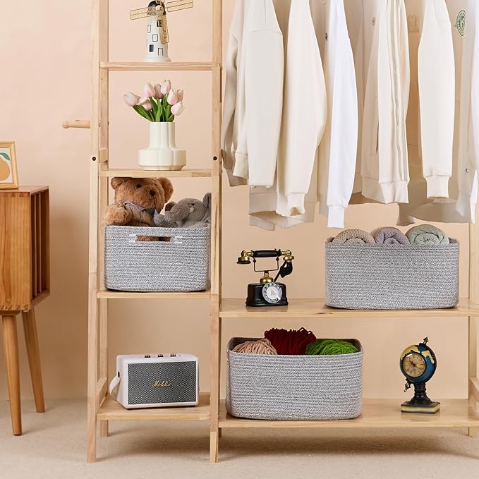Large Storage Baskets for Organizing, Closet Shelf Baskets for Clothes Blanket Towels, Baby Nursery, Toy Bins Box, Woven Rope Baskets, 17 x 13 x 7.5”, 4 Packs Mixed Grey