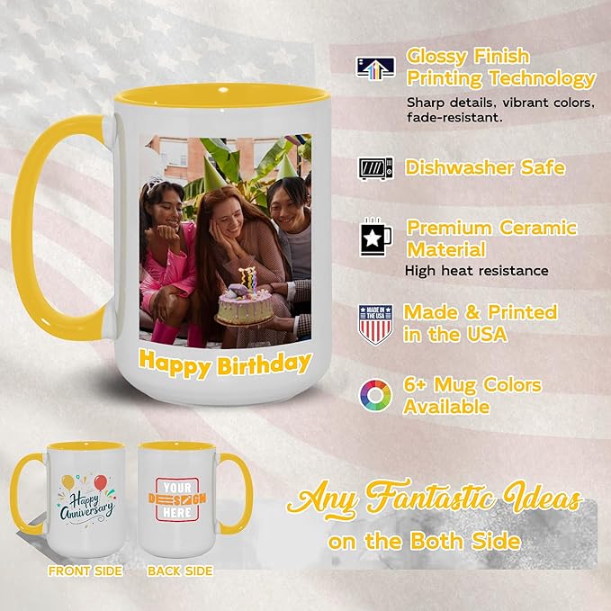 Custom Mug Upload Your Picture Personalized Coffee Mug with Photo Text Name Customized Cup Unique Ideas Gifts for Men Women Mom Dad Girlfriend Boyfriend Friend Family (Yellow, 15oz)