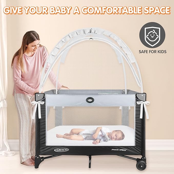 Pack N Play Tent - Mini Crib Tent to Keep Baby from Climbing Out - Crib Net to Keep Baby in - Pop Up Breathable Cribs Cover - Canopy with Upgrade Strong Mesh and Durable Zipper (White, Small)