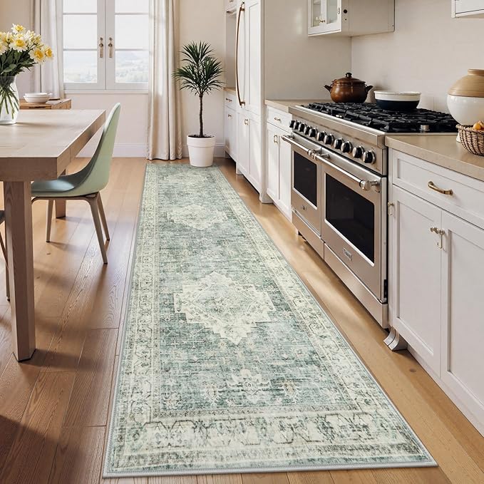 LIVEBOX Washable 2.5x10 Runner Rugs for Entryway Bathroom, Boho Kitchen Floor Mat Long Rug Runners for Hallways Non Slip, Farmhouse Low-Pile Carpet Runners for Laundry Room, Sage Green