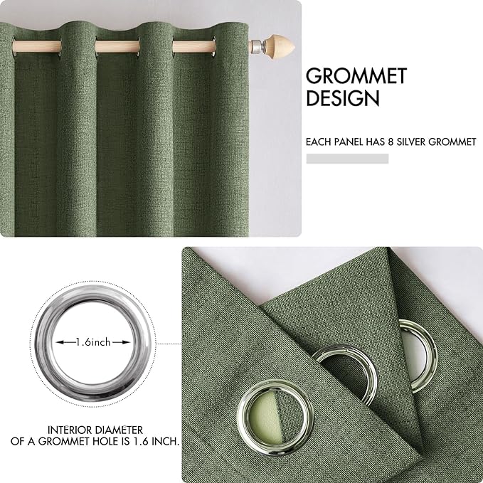 MIULEE 100% Blackout Linen Textured Curtains for Bedroom Solid Thermal Insulated Olive Green Grommet Room Darkening Curtains & Drapes Luxury Decor for Living Room Nursery 42 x 90 Inch (2 Panels)