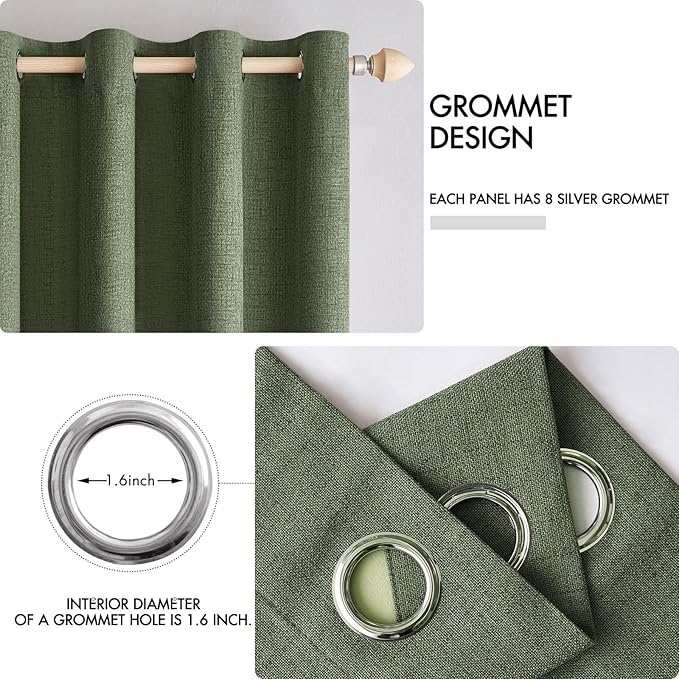 MIULEE 100% Blackout Linen Textured Curtains for Bedroom Solid Thermal Insulated Olive Green Grommet Room Darkening Curtains & Drapes Luxury Decor for Living Room Nursery 52 x 84 Inch (2 Panels)