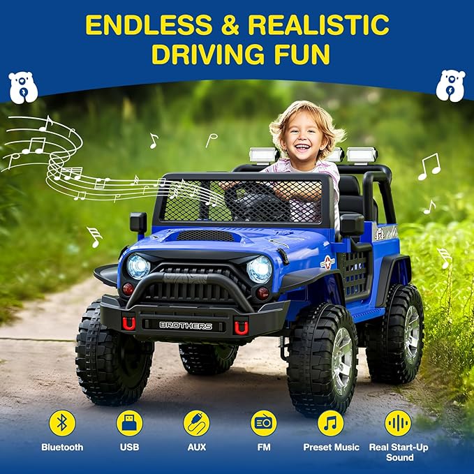 L8 2 Seater Ride On Car, 12V Kids Electric Car w/Remote Control, 4-Wheel Suspension, Bluetooth Speaker, Multi Music Modes, 3 Speeds, LED Lights, Xmas & Birthday Gift Ideas for Kids Ages 3+