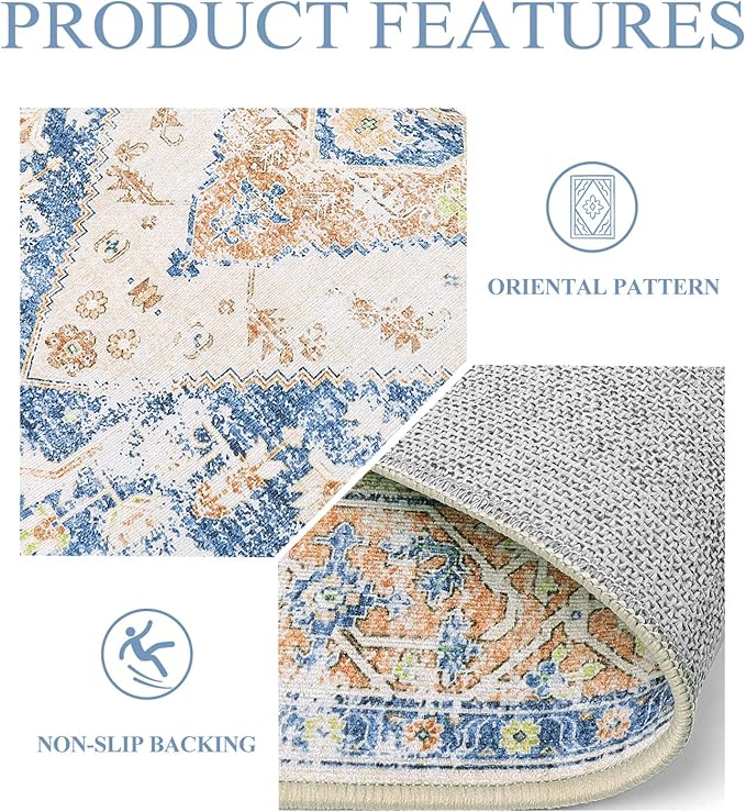 Lahome Boho Washable Living Room Rug 3x5 Throw Non-Slip Area Rug for Bedroom Lightweight Thin Rugs for Entryway Kitchen Vintage Distressed Print Aesthetic Capet for Office Bathroom Laundry Room