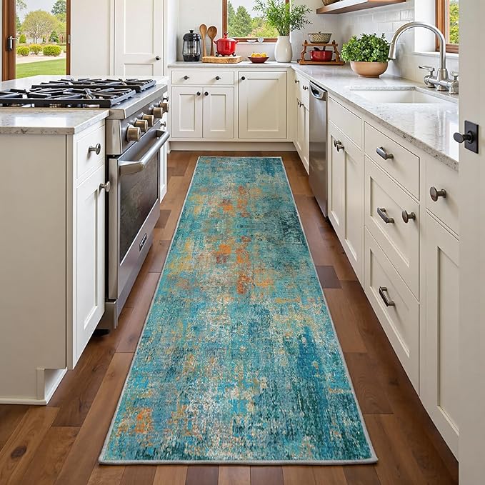 Washable Area Rugs 2'x6' Non-Slip Modern Abstract Soft for Living Room Entryway Bedroom Nursery, Print Pattern, Teal Blue Green Orange Rust Red Colorful