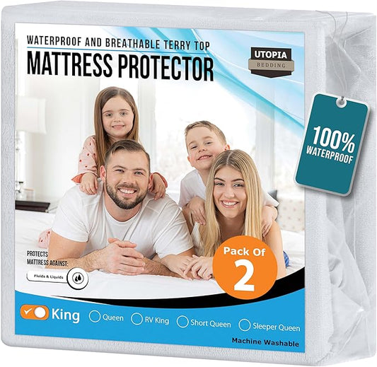Utopia Bedding Waterproof Mattress Protector King Size 2 Pack, 200 GSM Breathable Terry Mattress Cover, Fitted Style with Stretchable Pockets (White)