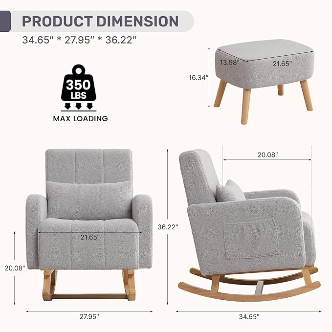 Rocking Chair with Ottoman, Upholstered Nursing Glider Rocker with High Backrest and Side Pocket, Comfy Reading Chair with Solid Wood Legs for Nursery/Living Room/Bedroom Light Grey