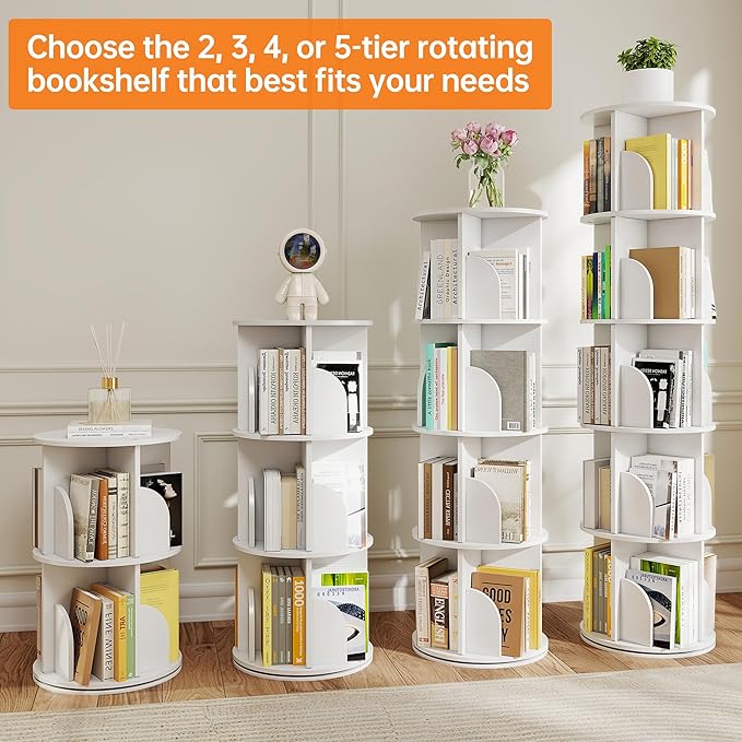 Rotating 2-Tier Bookshelf, 360° Spinning Corner Bookcase with Lazy Susan, White Space Saving Organizer for Study Room, Home Office, Kids Rooms, Bedroom, Adults & Kids