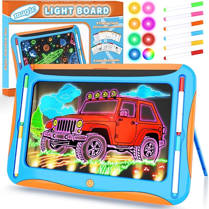 Magic LED Drawing Board for Kids, Toys for Boys Ages 5-7, Light Up Tracing Pad with 9 Double-Sided Cards, 6 Washable Pens, Glow Up Toys for Kids 4-6 Year Old Christmas Birthday Gifts