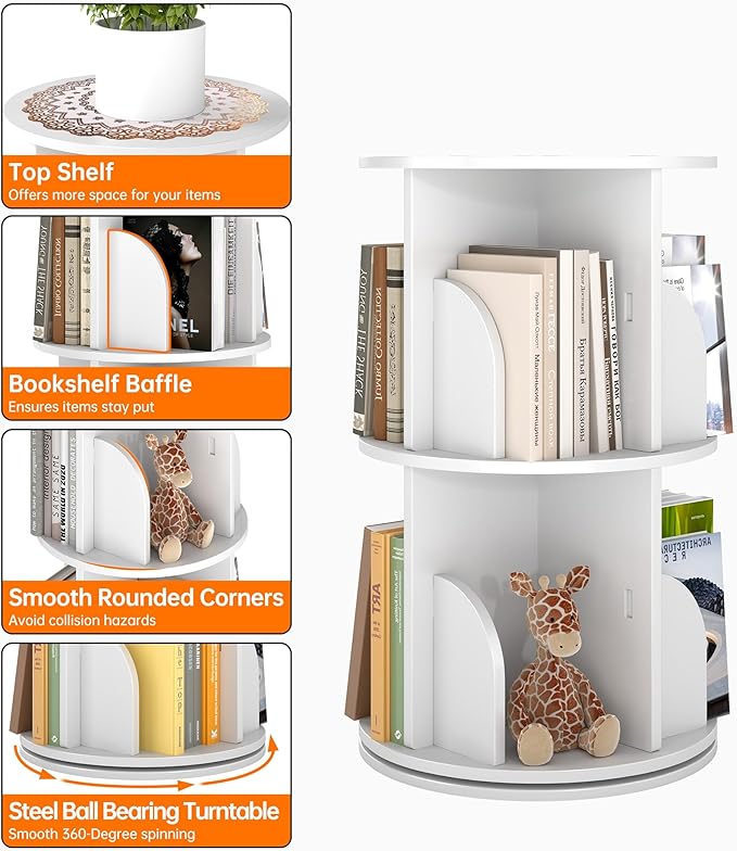 Rotating 2-Tier Bookshelf, 360° Spinning Corner Bookcase with Lazy Susan, White Space Saving Organizer for Study Room, Home Office, Kids Rooms, Bedroom, Adults & Kids