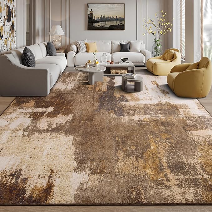 Kelarea Living Room Rug, 6x9 Rug Modern Abstract Washable Rugs Brown Faux Wool Vintage Carpets, Non Slip Rug for Bedroom, Dining Room, College Dorm, Kids Playroom, Home Office
