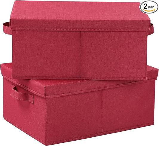 HOONEX Storage Bins with Lids for Organizing, Pack of 2, Storage Boxes with 2 Carrying Handles and Sturdy Heavy Cardboard, 16.5" L x 11.8" W x 7.5" H for Shoes, Books, Clothes, Red