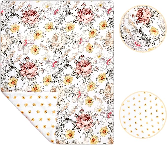 4-Piece Crib Bedding Set for Girls, Boho Baby Girl Bedding Set with Crib Skirt, Baby Quilt, Crib Sheet and Diaper Stacker, Flower