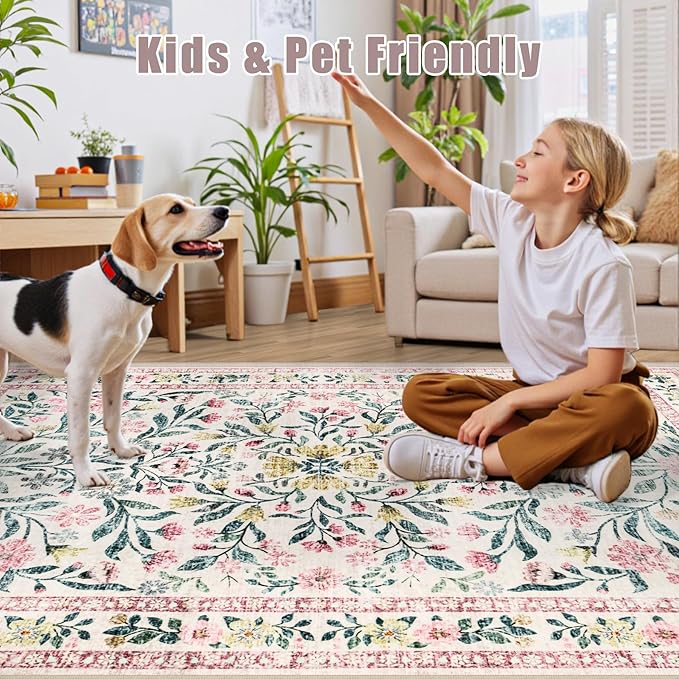 Area Rugs 9x12 Living Room: Floral Washable Rug Vintage Large Soft Boho Non-Slip Carpet Indoor Stain Resistant Low Pile Carpets for Bedroom Dining Room Farmhouse Nursery Hallway Home Office Pink Green