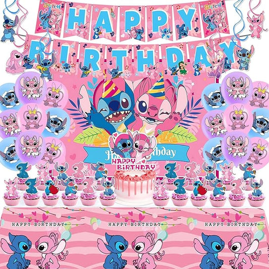 Stitch Party Supplies, 49PCS Birthday Decorations Set Include Banner, Balloons, backdrop,Stickers, Hanging Swirls, Cake Cupcake Toppers, Tablecloth for Boys Girls Stitch Theme Party