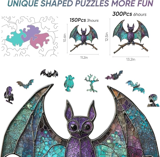 Wooden Puzzles for Adult -Bat Shaped Puzzls,300 Pieces,Unique Design Irregularly Shaped Wooden Jigsaw Puzzles for Adults and Kids,Family Game Puzzle Gifts, Halloween Jigsaw Puzzle,13.2 * 12.5Inch