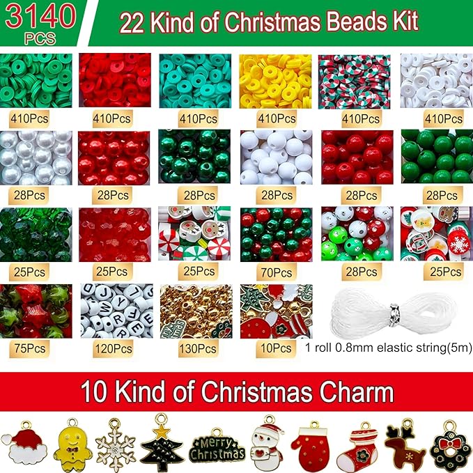 3140PCS Christmas Bracelet Making Kit, Christmas Beads Charms for Bracelets Jewelry Making Red Green Xmas Clay Acrylic Crystal Star Round Beads Letter Spacer Beads for Necklace Making DIY Crafts