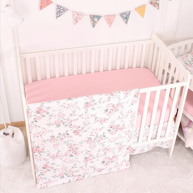 CaSaJa Baby 3-Piece Crib Bedding Set for Boys Girls, Including Soft Quilted Comforter(Blanket), Fitted Crib Sheet and Skirt, Soft Nursery Bedding Set Made of Silky Comfy Materials, Watercolor Floral