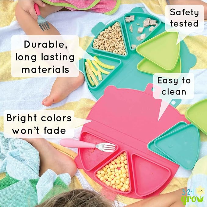 Silicone On-The-Go Snack Mat – Foldable Reusable Placemat with 3 Compartments and Lids – Travel-Friendly Baby and Toddler Snack Plate – Dishwasher Safe (Plum)