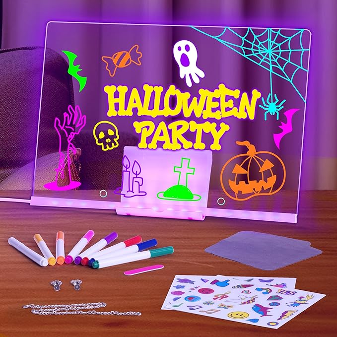 LED Drawing Board, 11.9"X8", Acrylic Note Board with Colors, Include LED Light Up Writing Pad 4 Modes & 7 Colors, 8 Markers, Stand, Hanging Chain, 2 Gel Clings, Holiday Gift