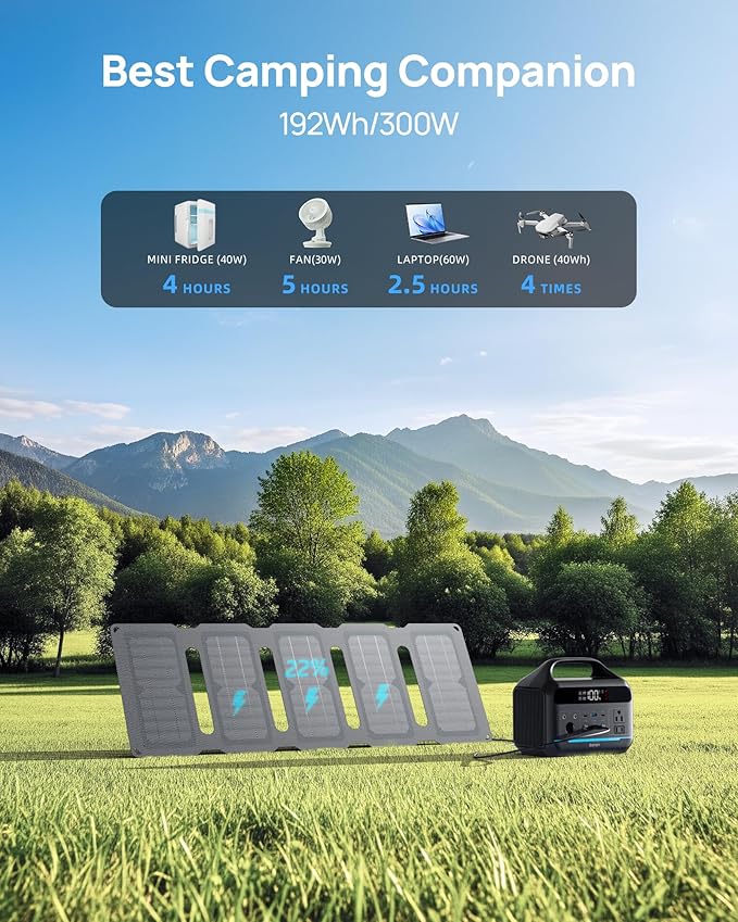 DARAN Solar Generator 192Wh with 30W Solar Panel, Portable Power Station 300W (600W Surge), 8 Outputs LiFePO4 Battery, Portable Charger for Camping, Emergency, Outdoor Off-Grid Use