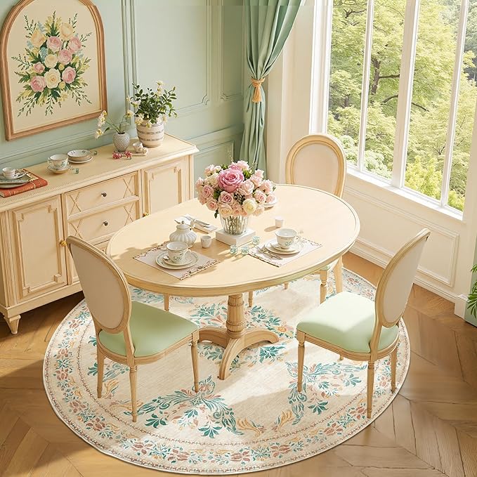 jinchan Round Rug 6ft Area Rugs Vintage Floral Distressed Design,Machine Washable Soft Non-Slip Low-Pile Ultra-Thin Circle Rug for Bedside Living Room Dining Room Bedroom (6' Round, Apricot Multi)