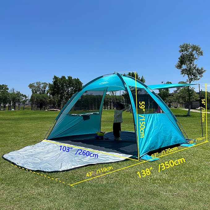 DLUCKY Beach Tent for 1/2/3/4/5/6 Person,Anti-UV Portable Sun Shade ShelterUPF 50+,Both Sides Extendable Floor,Extendable Awning,with 2 Ventilating Mesh Windows,Lightweight & Easy Setup.